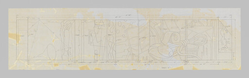 A long pencil mural plan showing sketched objects, measurements, and labeled color notes.