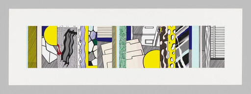 A long horizontal artwork made of colorful vertical patterned panels with bold shapes and lines.