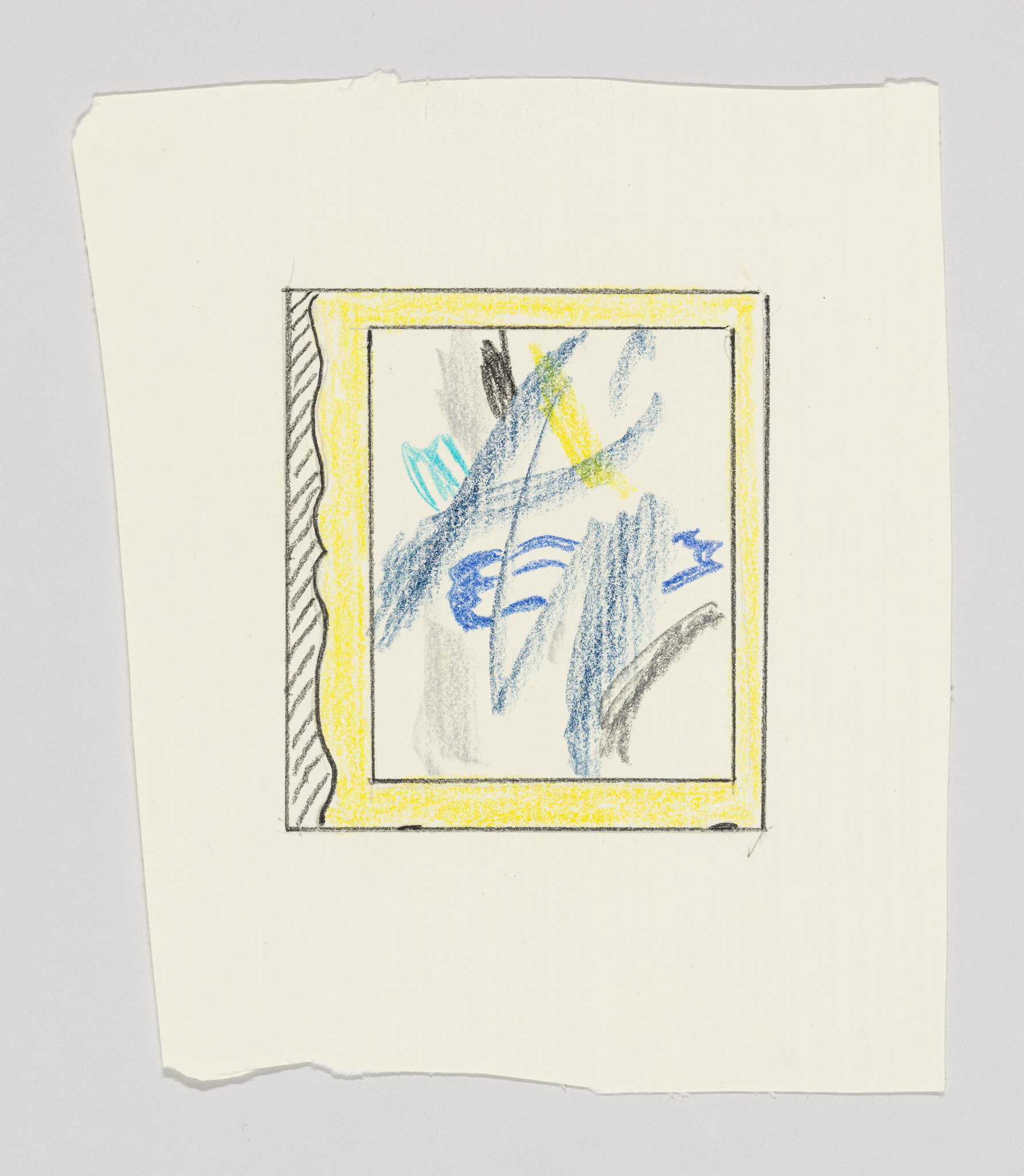 A child's crayon drawing featuring abstract shapes and scribbles in blue, yellow, and gray, framed by a yellow border with a zigzag pattern on a white background. The paper edges are slightly torn, suggesting the artwork has been removed from a notebook or sketchpad.