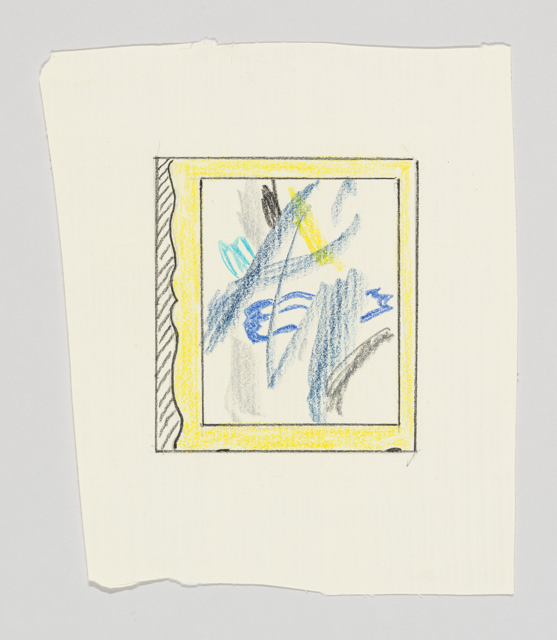 A framed abstract crayon sketch in blue, gray, and yellow on a torn sheet of paper.
