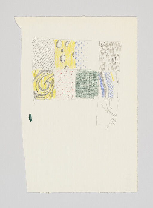 Grid of nine small colored pencil texture sketches on a large blank sheet of paper.
