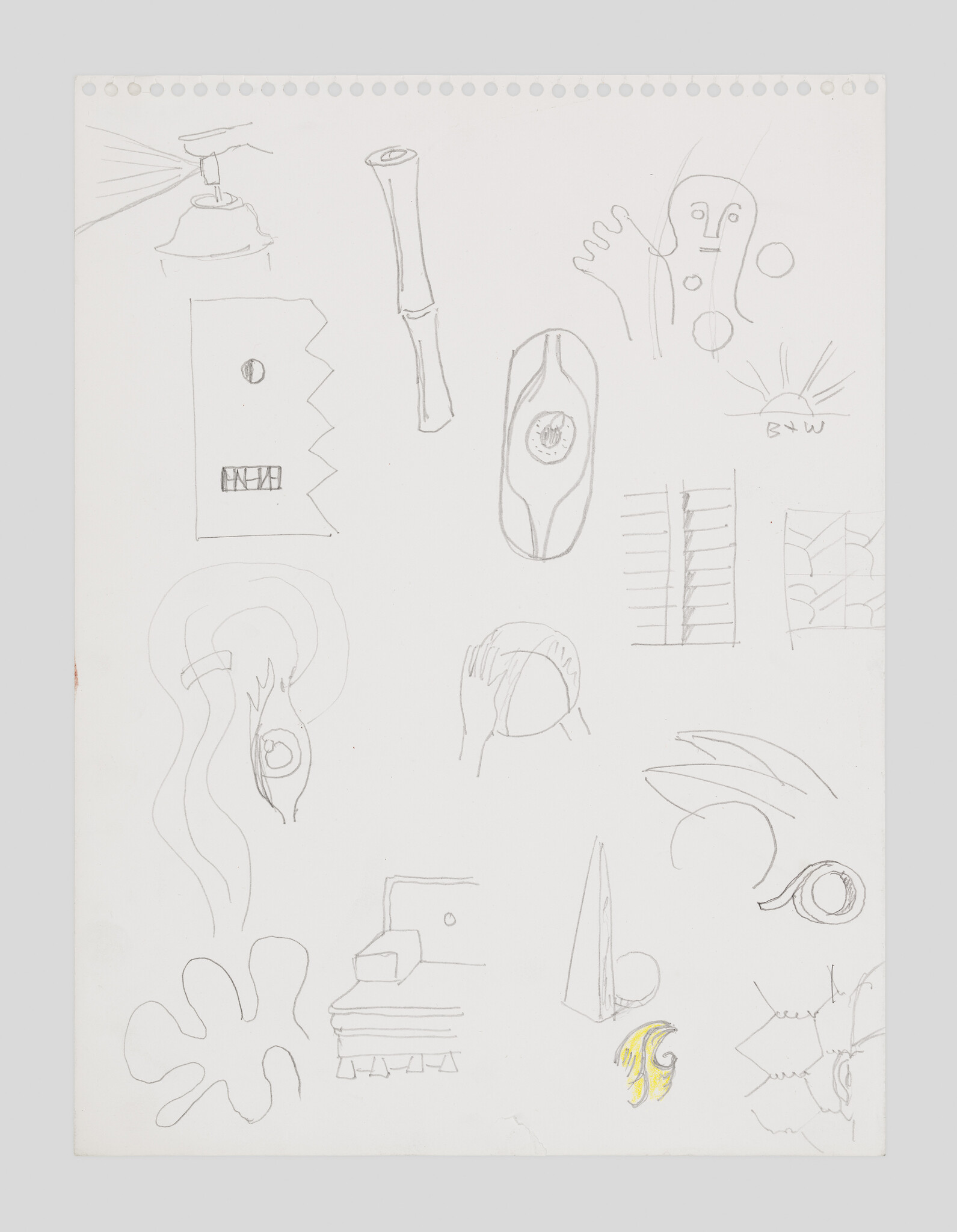 Multiple small pencil sketches and doodles on a perforated white paper page, including a yellow scribble.