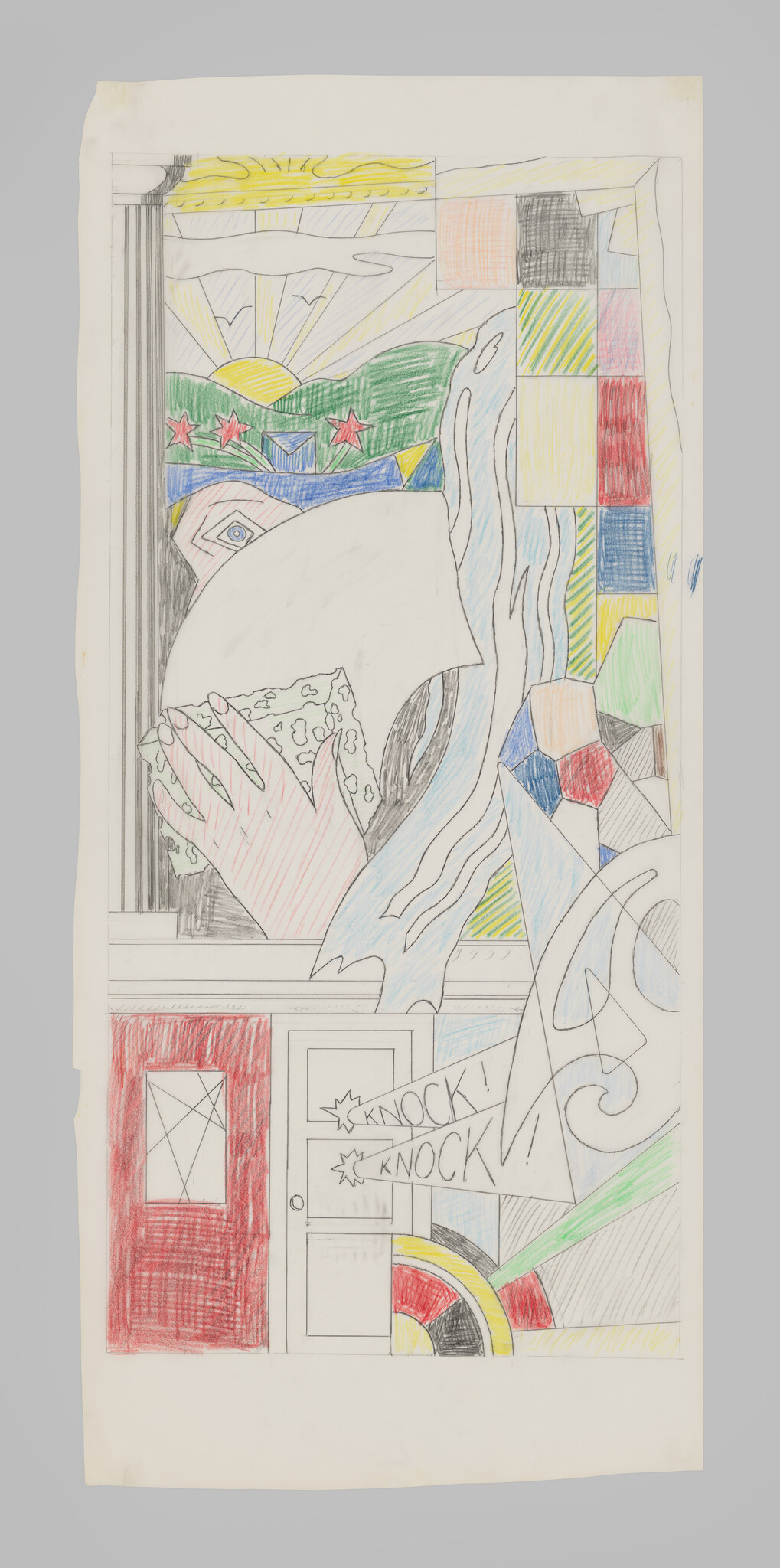 A person covering their face by a window in a colorful drawing while a door reads KNOCK! KNOCK!.