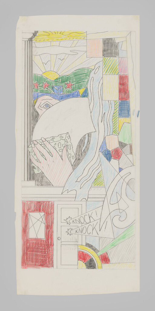 A person covering their face by a window in a colorful drawing while a door reads KNOCK! KNOCK!.