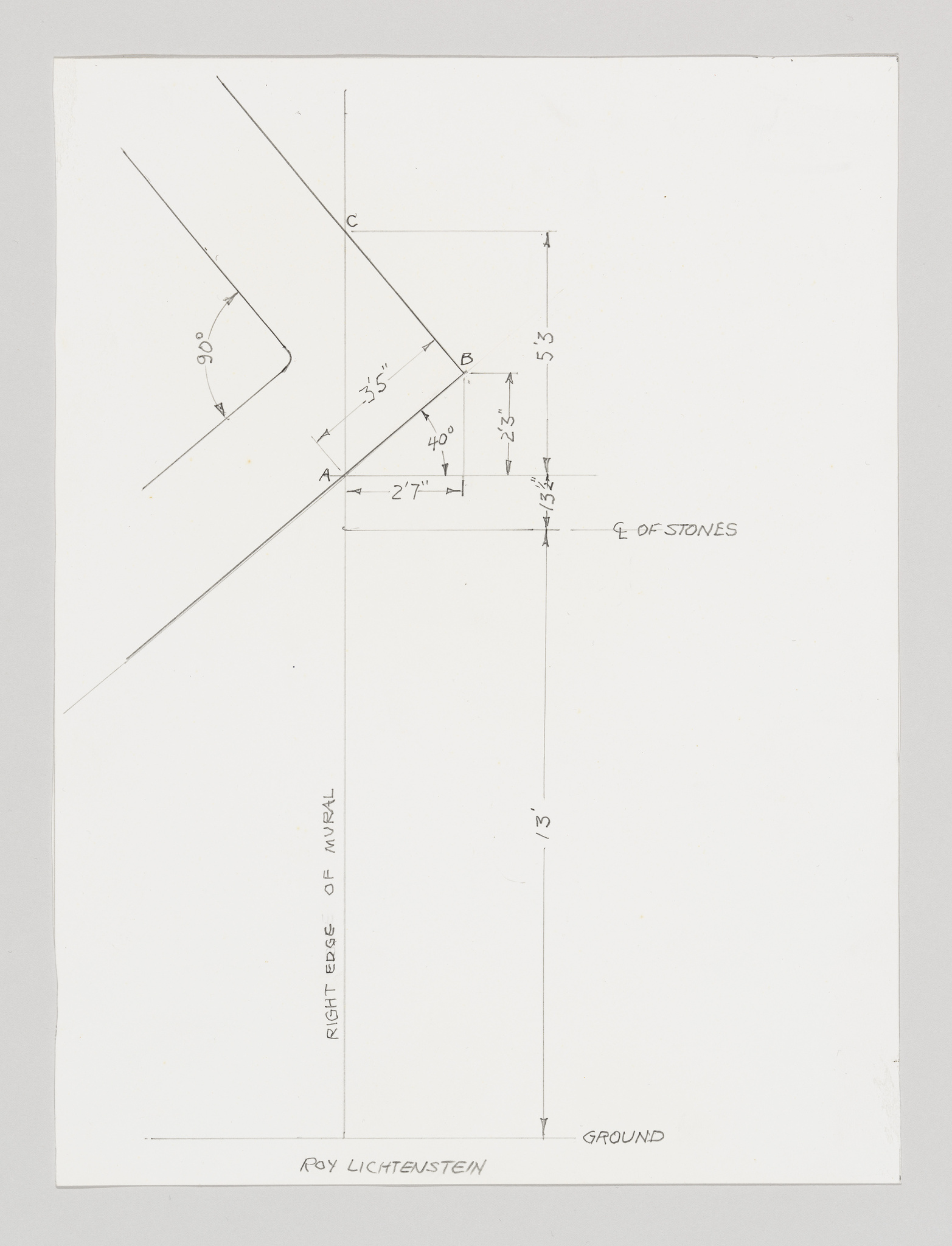 A technical drawing with geometric shapes and measurements annotated in pencil, indicating angles and dimensions for an art installation or sculpture. The name "Roy Lichtenstein" is written at the bottom, suggesting the artist's involvement in the design. The drawing includes references to "GROUND" and a "PILE OF STONES," suggesting an outdoor setting.