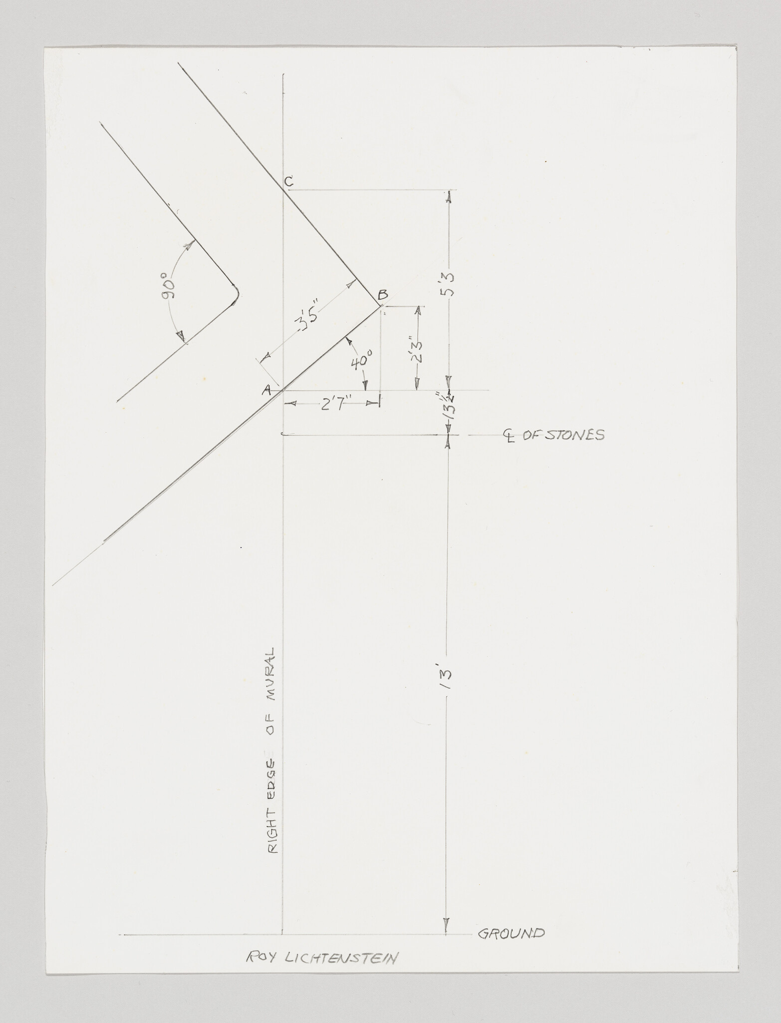 Technical pencil drawing showing angled corner measurements and vertical dimensions for a mural installation.