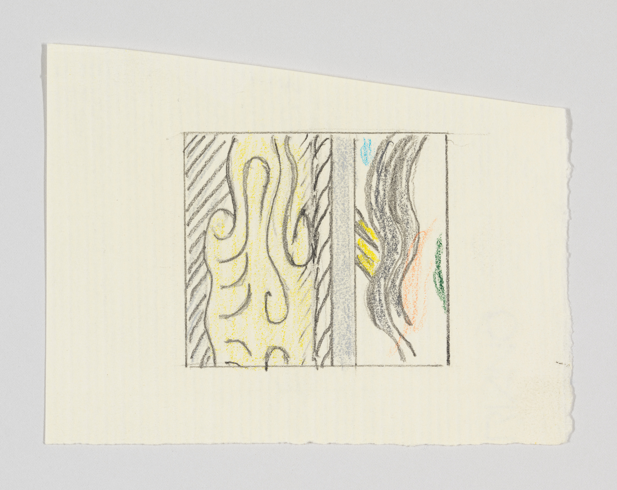 A hand-drawn sketch featuring abstract patterns in a two-paneled window-like design, with the left panel showing curvy and zigzag lines, and the right panel displaying wavy forms with hints of yellow and orange color, all on a textured off-white paper with rough edges.