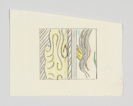 Small abstract crayon drawing shows three vertical panels with yellow and gray wavy patterns on paper.