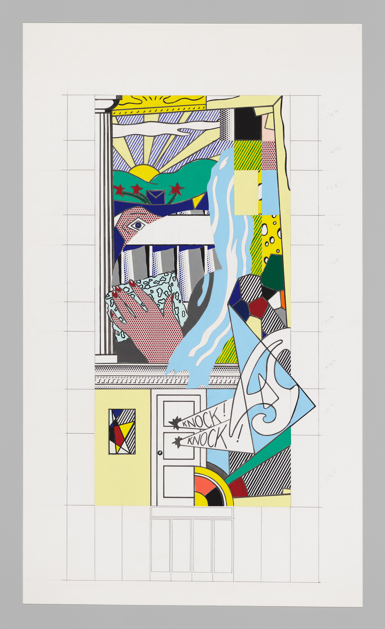 Colorful pop-art panel shows a hand, flowing water, and a door with "Knock! Knock!".