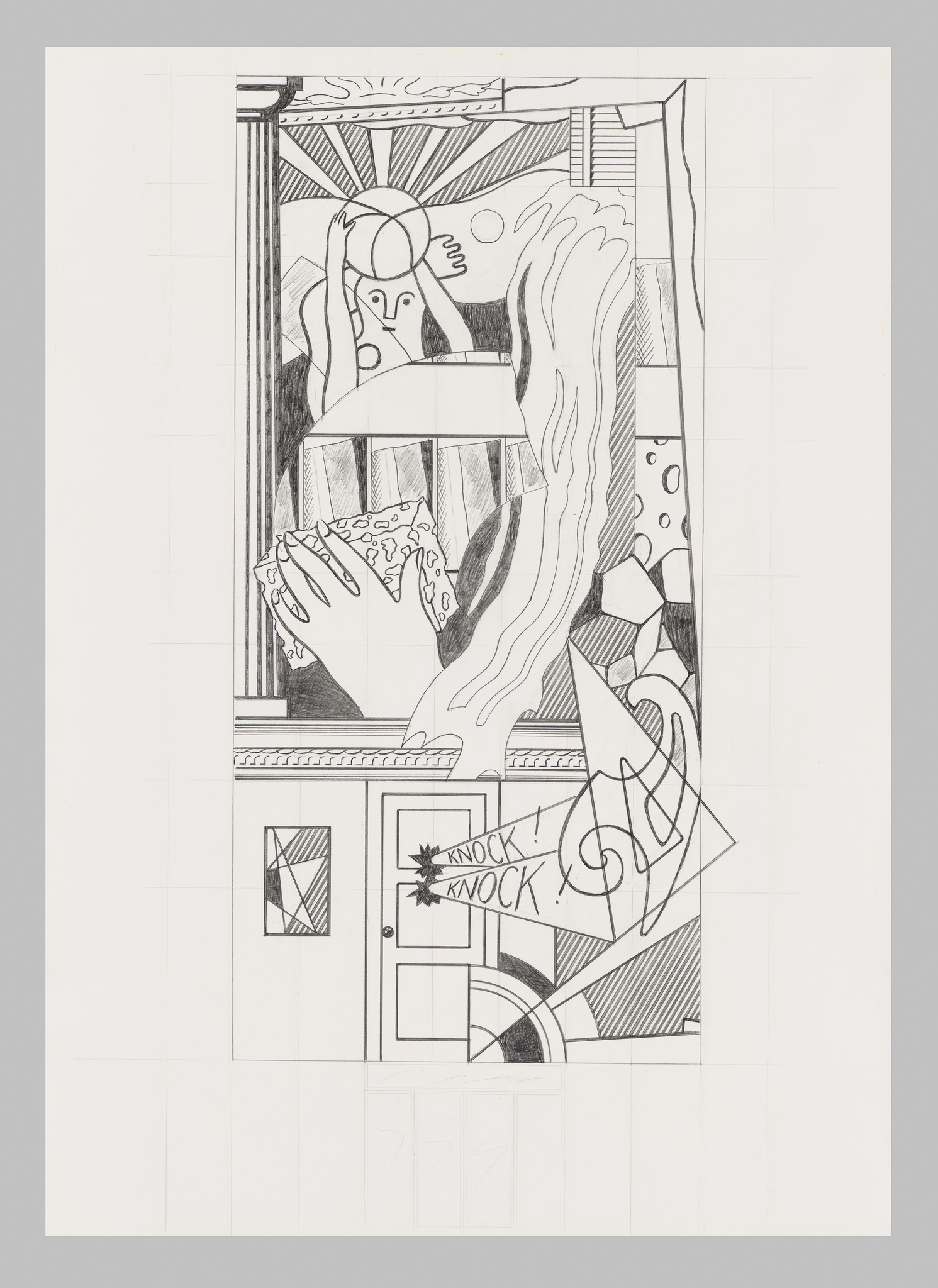 A black and white sketch of an abstract composition featuring various geometric and organic shapes. A central figure appears to be holding a circular object above a patterned box, with wavy lines suggesting movement or energy. The bottom right corner includes a door with the words "KNOCK KNOCK" prominently displayed, adding a whimsical or narrative element to the piece. The drawing is on grid paper, with some grid lines visible, indicating the planning stage of the artwork.