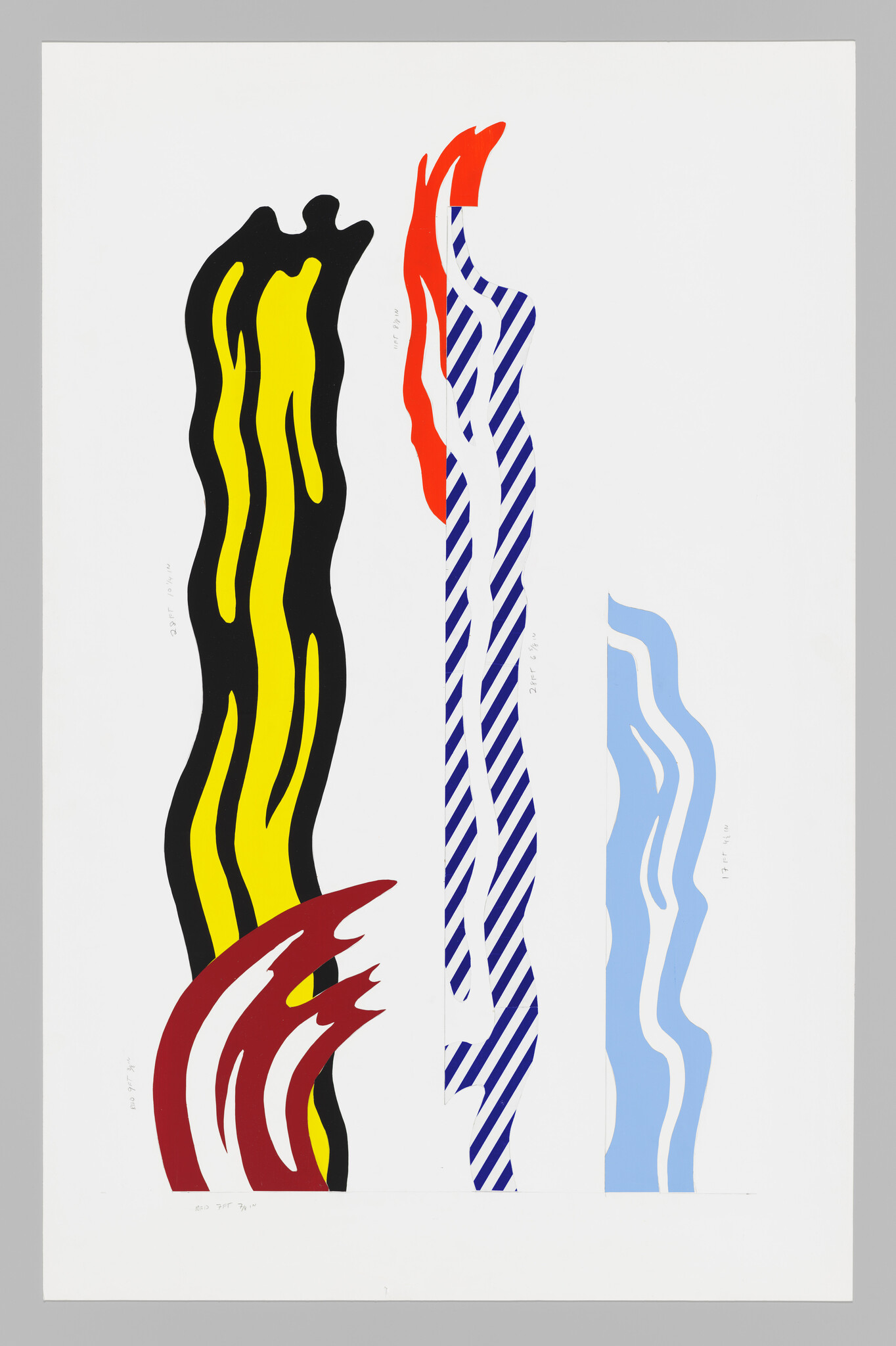 A graphic print featuring three abstract figures with wavy outlines in bold colors: the leftmost figure is black with yellow stripes and a red and yellow base, the middle figure is white with blue stripes and a red accent, and the rightmost figure is light blue with white space suggesting a wavy pattern. The background is plain white.