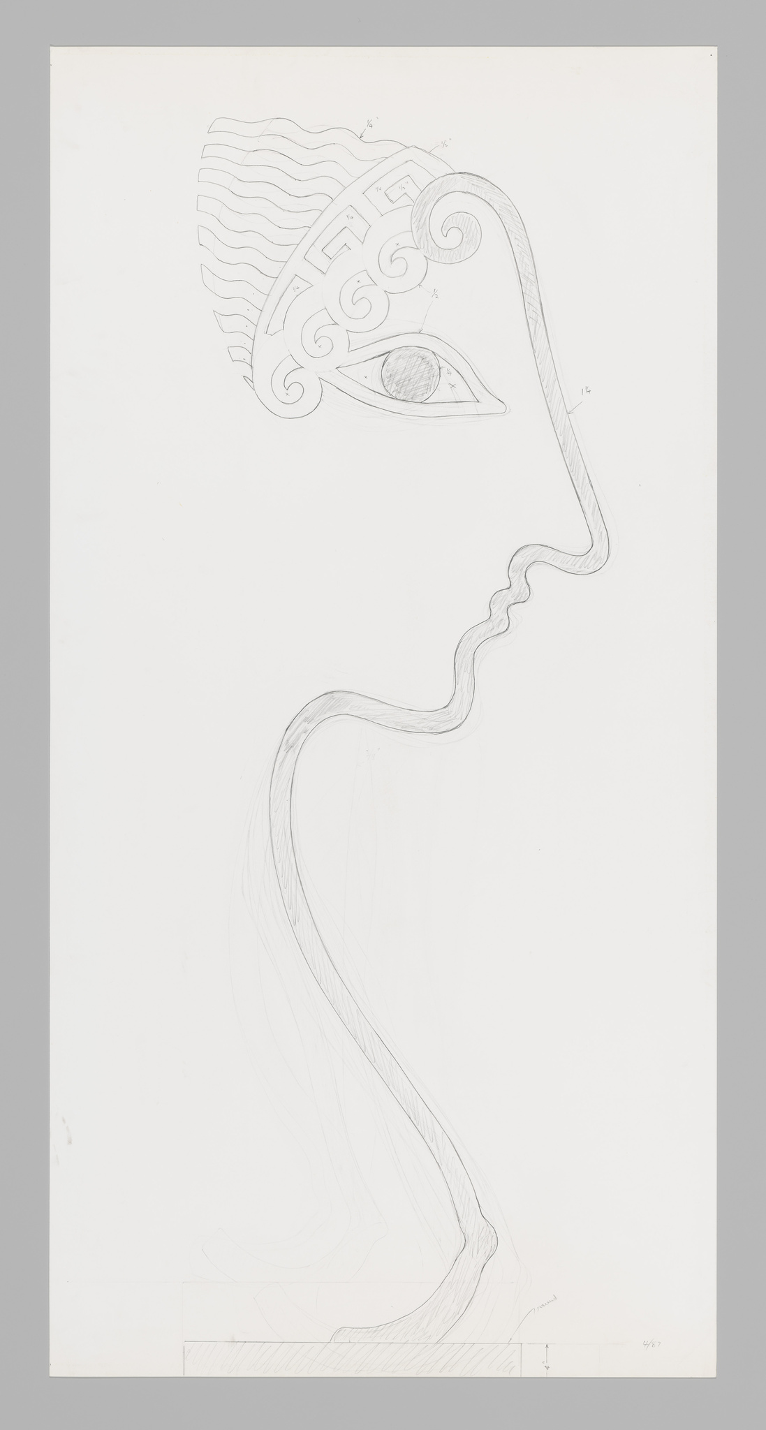 Pencil sketch of a stylized profile of a human face with abstract elements, featuring a prominent eye with decorative patterns and a flowing, elongated neck on a white background.