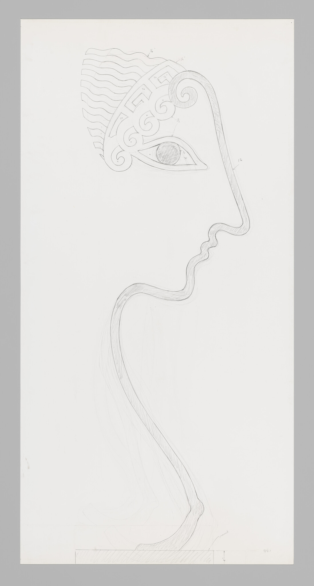 A tall pencil sketch of a stylized profile with decorative eye and flowing curved neck.
