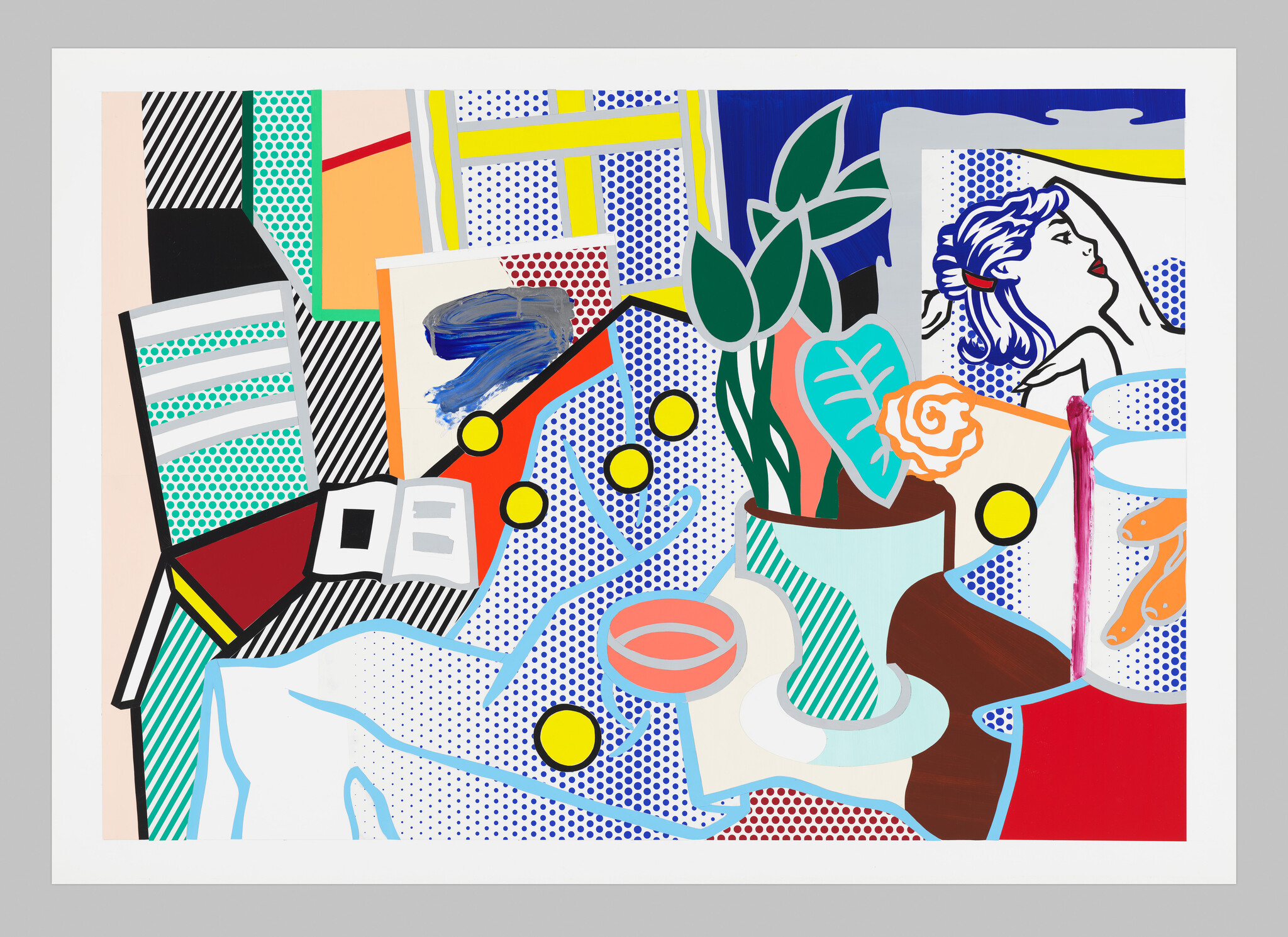 Colorful pop-art still life with a potted plant, open book, vase, and reclining female portrait.