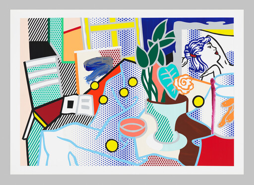 Colorful pop-art still life with a potted plant, open book, vase, and reclining female portrait.