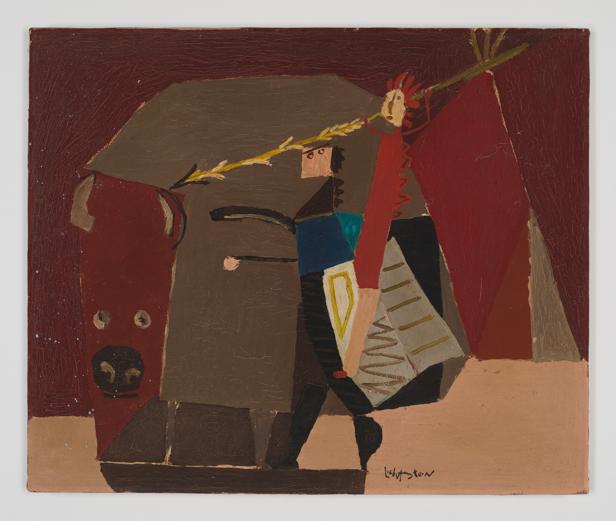 A stylized person in red carries a long yellow spear while leading a large brown bull.