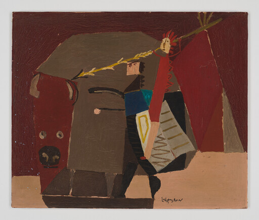 A stylized person in red carries a long yellow spear while leading a large brown bull.