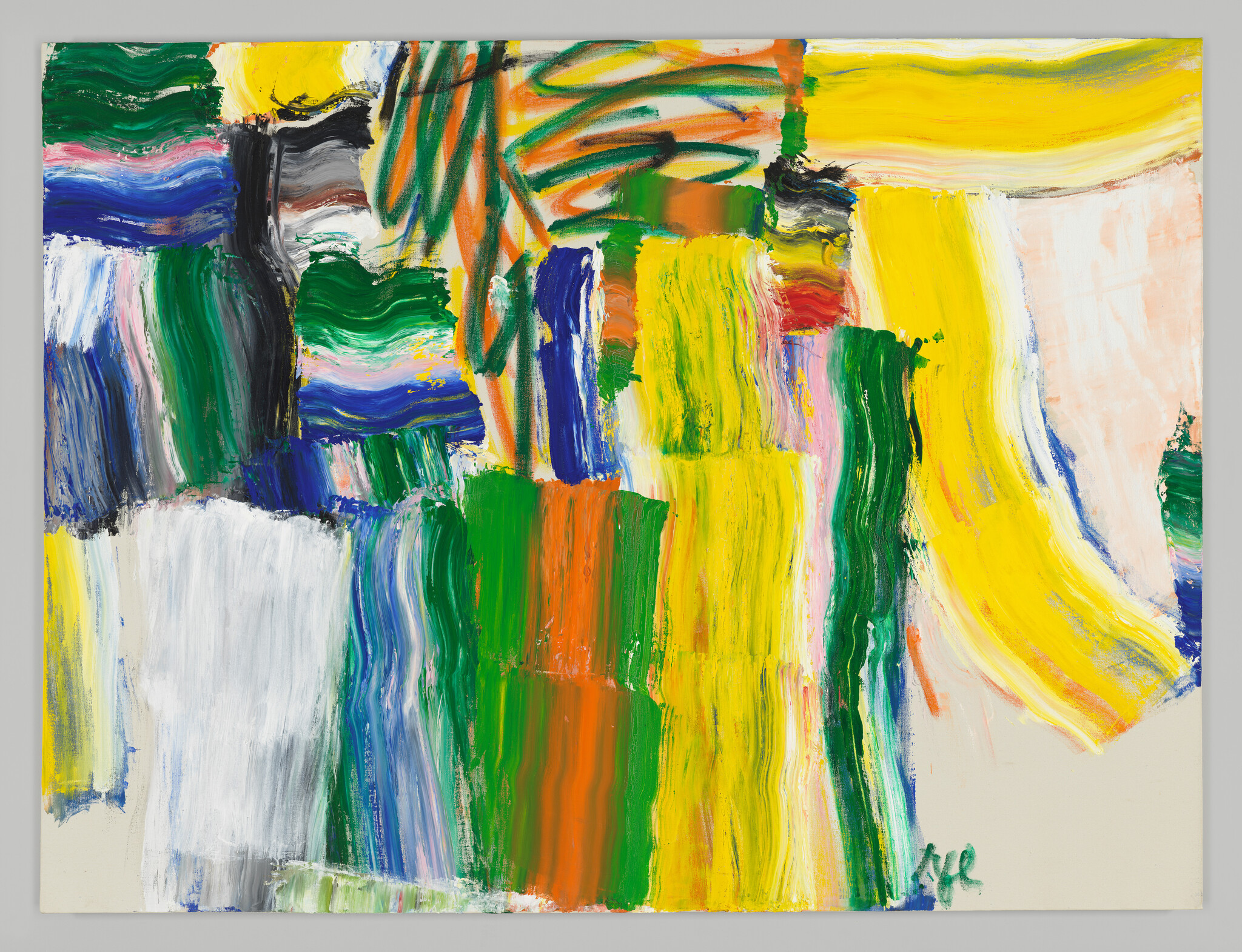 Vibrant abstract painting with broad vertical and horizontal brushstrokes in yellow, green, blue, orange, and white.