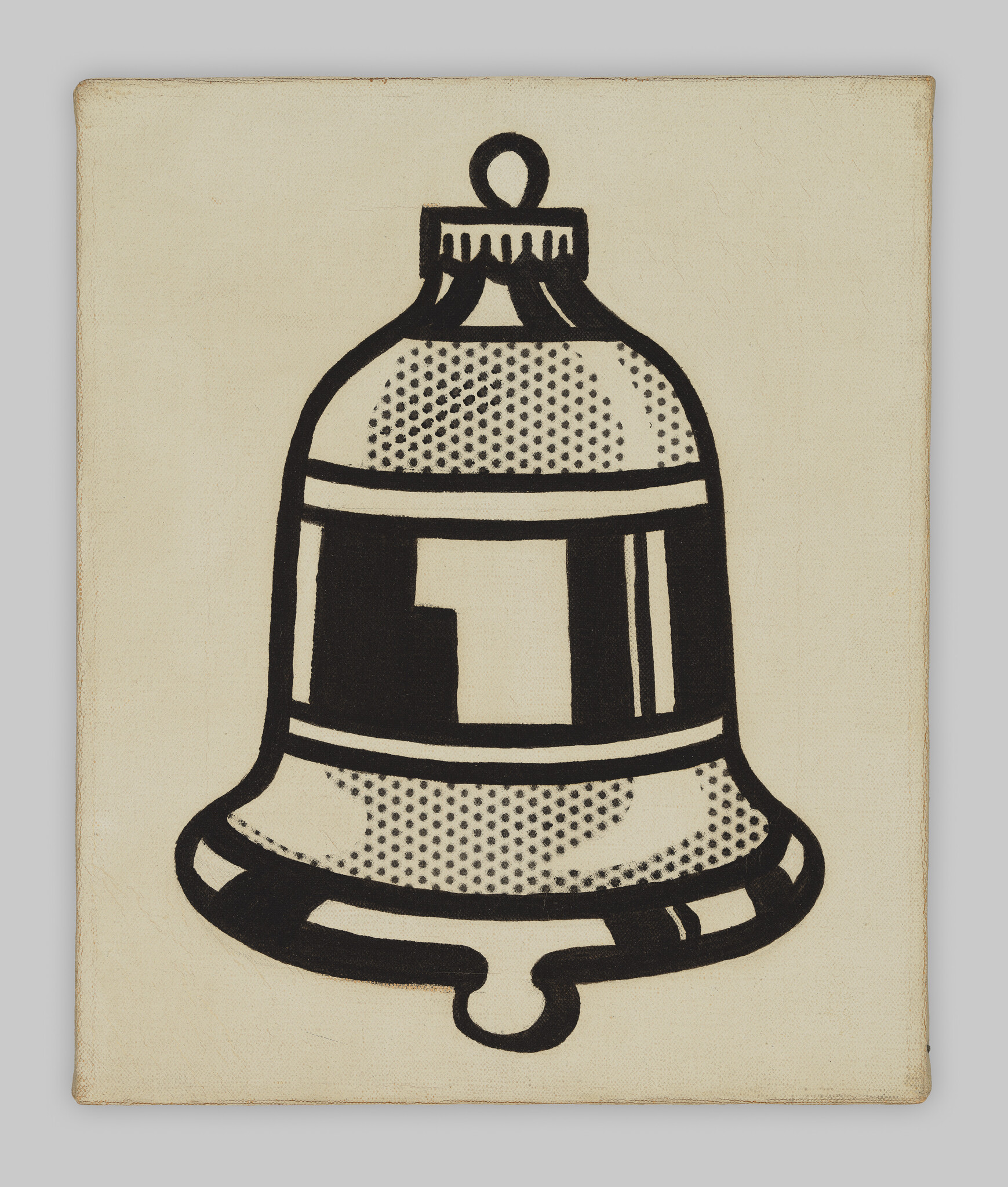 A large black-and-white stylized bell illustration with dotted shading on a beige canvas.