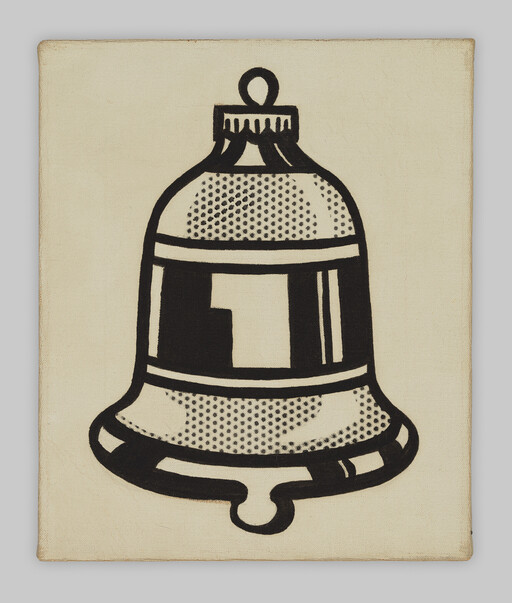 A large black-and-white stylized bell illustration with dotted shading on a beige canvas.