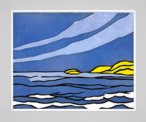 Blue pop-art seascape with dotted sky, rolling waves, and bright yellow islands on horizon.