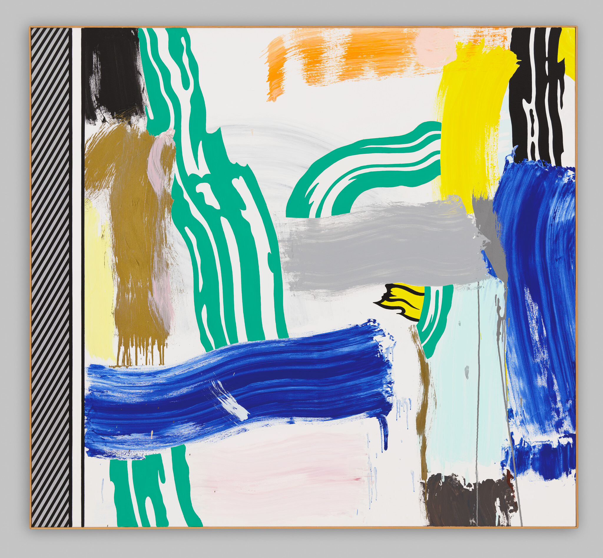 Abstract painting with bold green, blue, yellow, and gray brushstrokes across a white canvas.