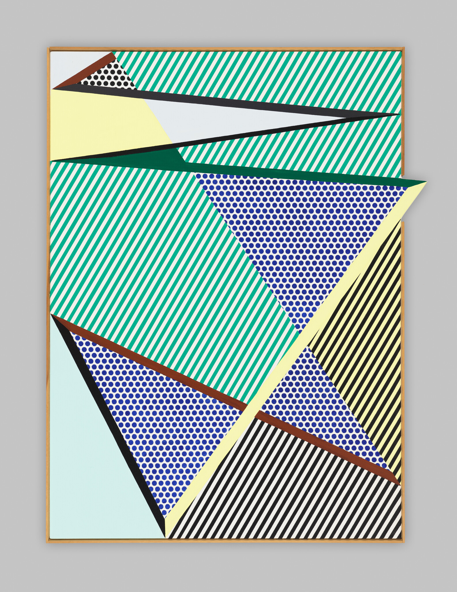 Framed abstract painting with bold diagonal stripes, blue dotted triangles, and contrasting colored shapes.