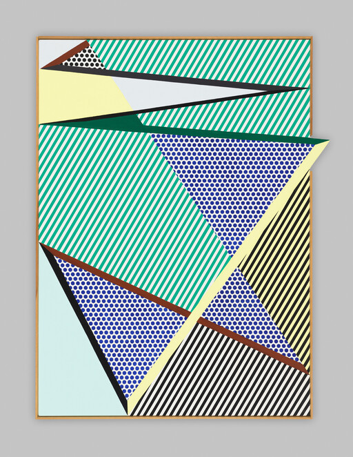 Framed abstract painting with bold diagonal stripes, blue dotted triangles, and contrasting colored shapes.