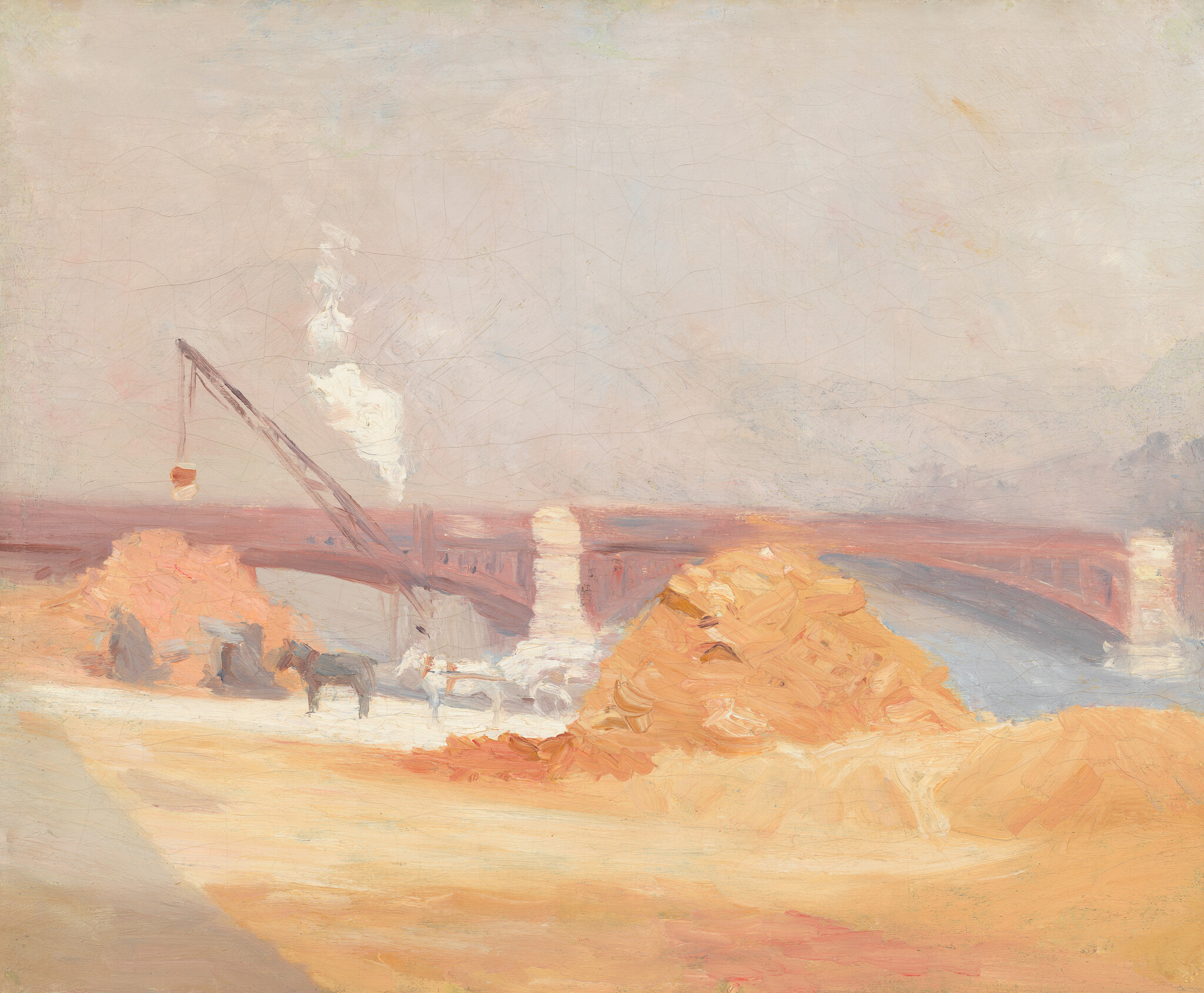 A bridge construction site with a crane lifting a load near sand piles and a horse-drawn cart.