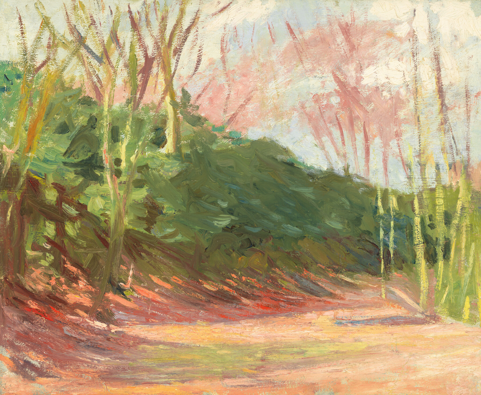 Sunlit path runs alongside a green wooded hillside with tall trees and a pale pink sky.
