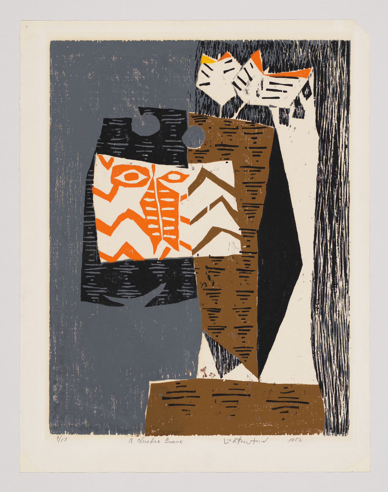 Abstract geometric figure with orange and brown patterned shapes against a gray background.