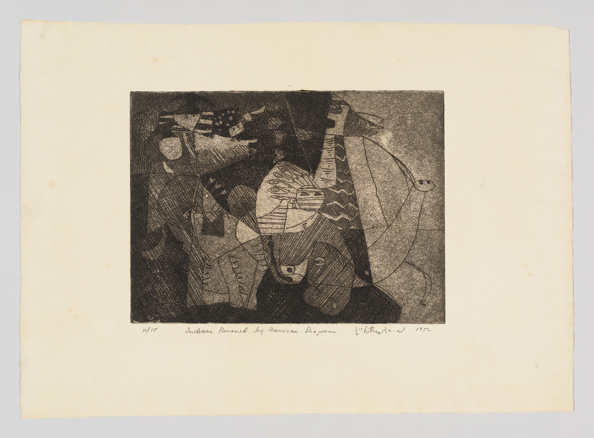 Abstract black etching showing overlapping animal and mask-like faces with geometric patterns.