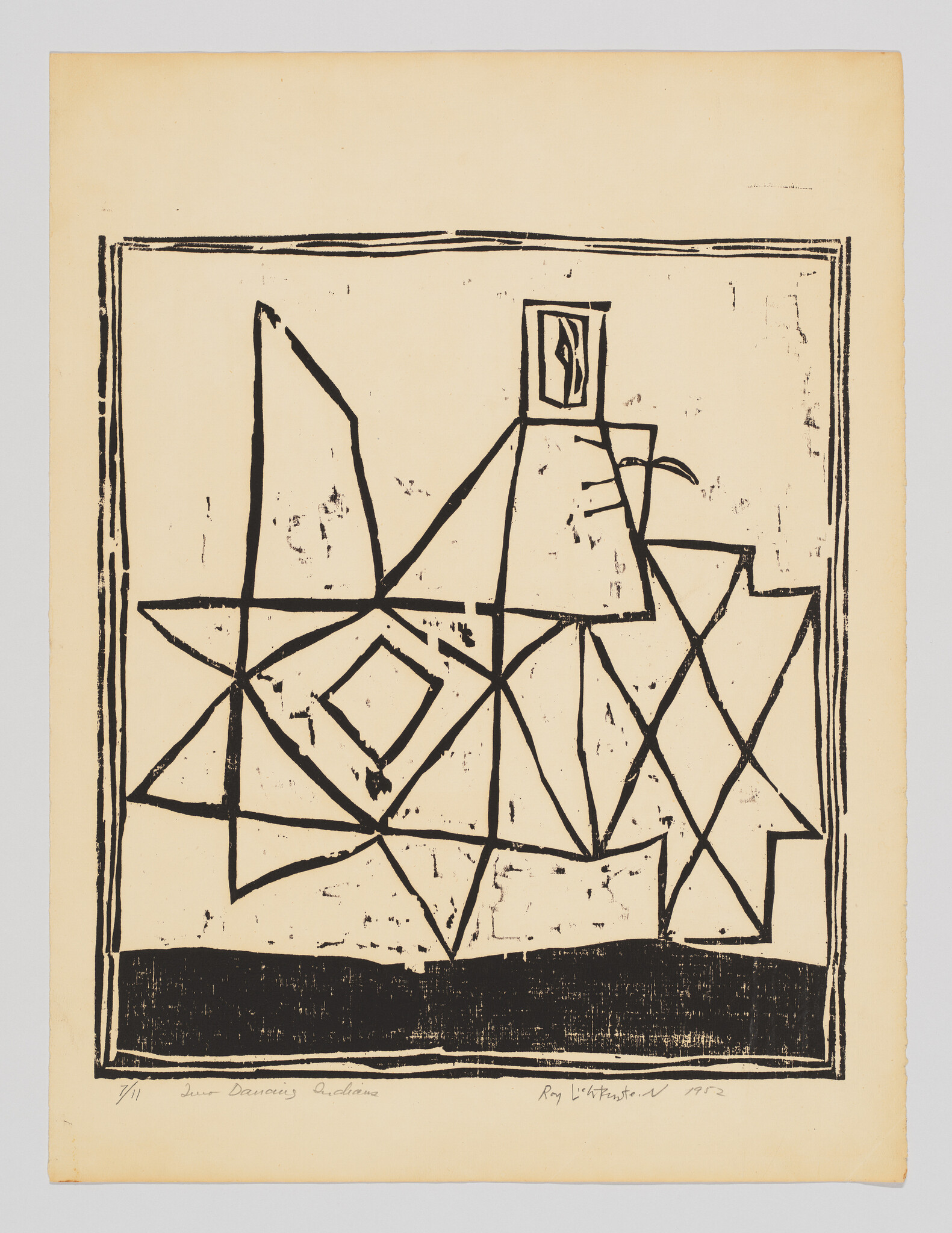 Black geometric lines form intersecting star and container shapes within a simple rectangular border.