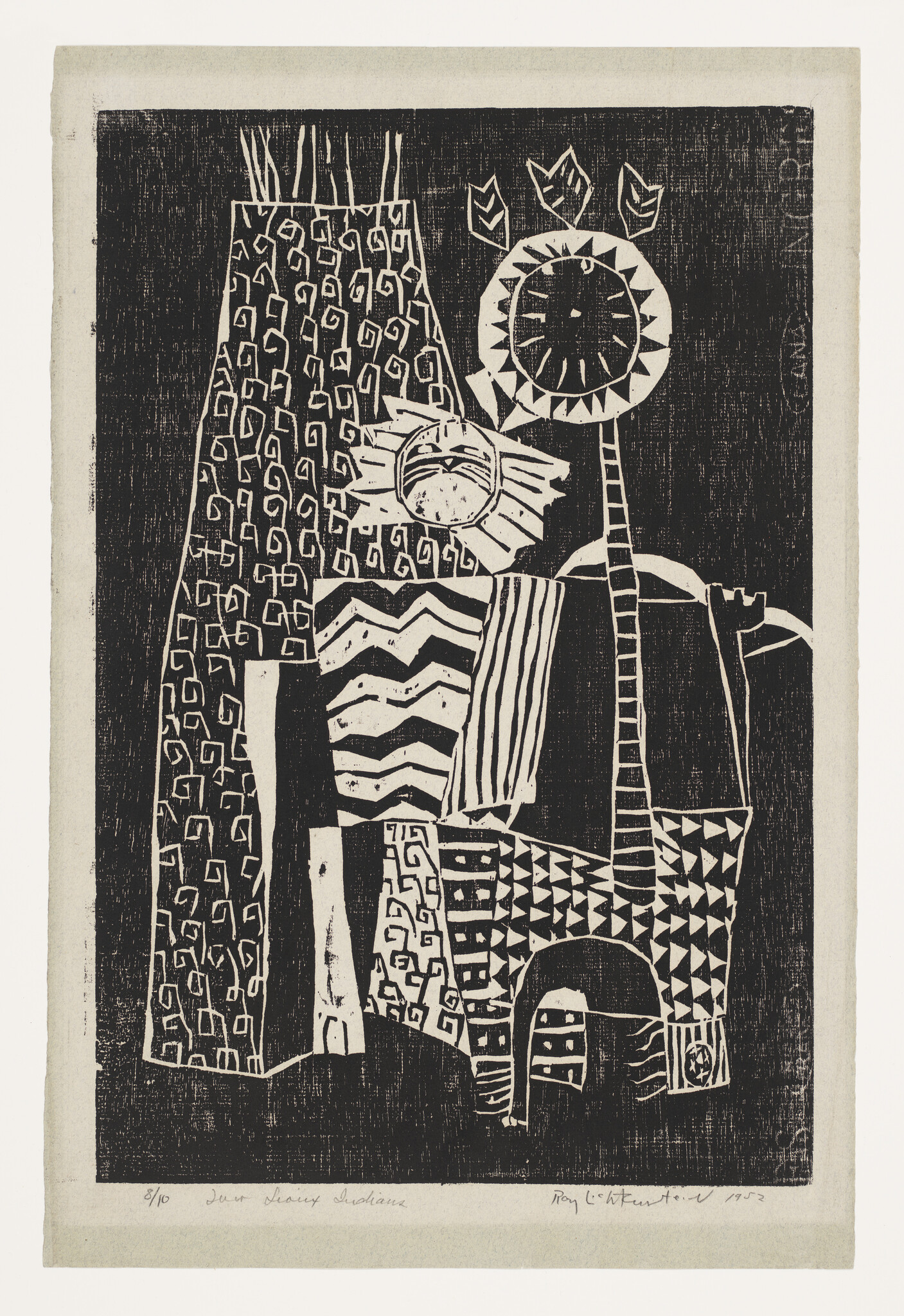 Bold black-and-white print showing tall patterned plants and geometric animal forms under a circular sun.