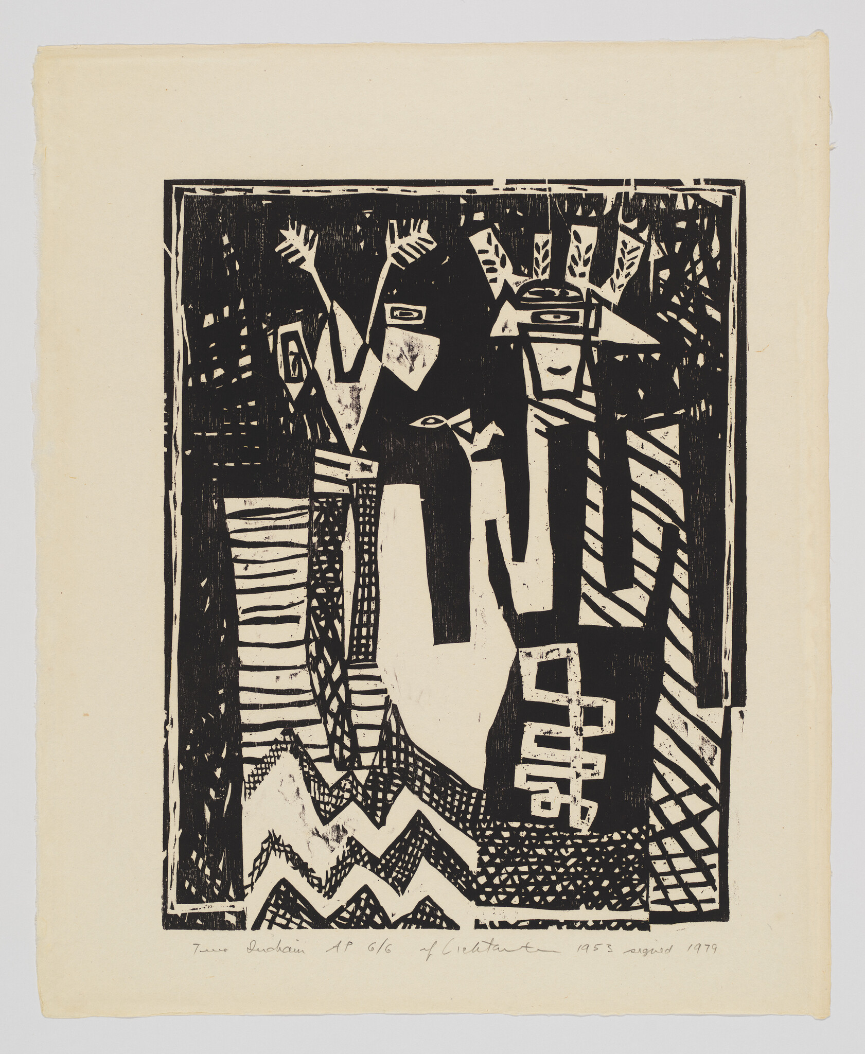 Two tall stylized figures with geometric patterns stand side by side in a black woodcut.