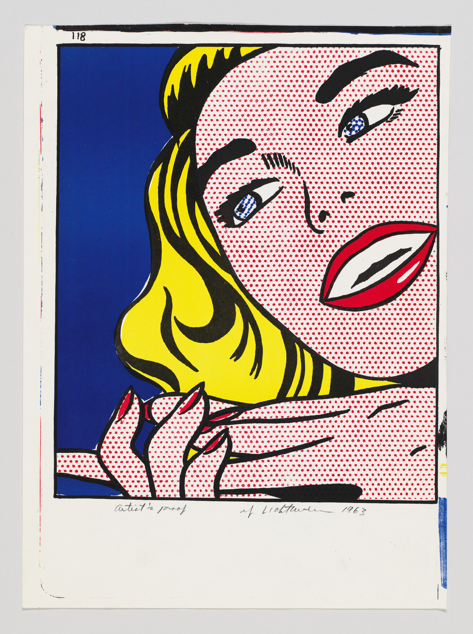 Close-up of a comic-style woman with yellow hair, red lips, and dotted halftone skin.