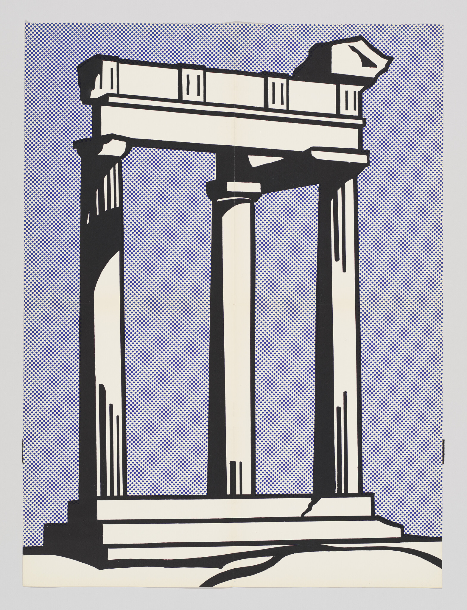 Three tall classical columns and entablature rendered in bold black and cream against blue dots.