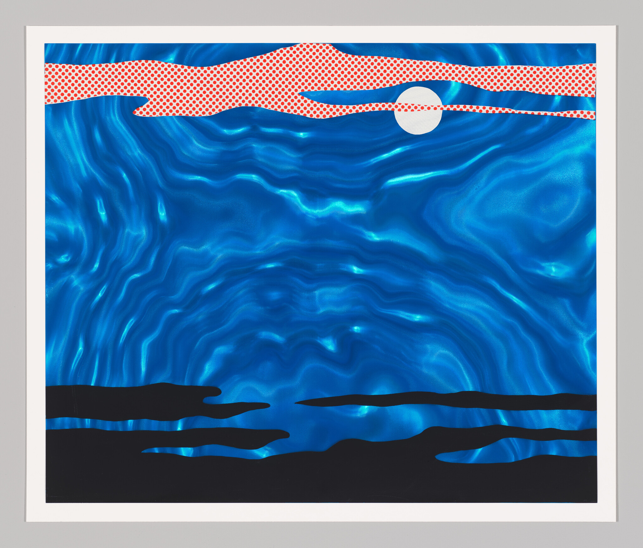 Deep blue wavy surface beneath a dotted red band and a white sun above dark shoreline.