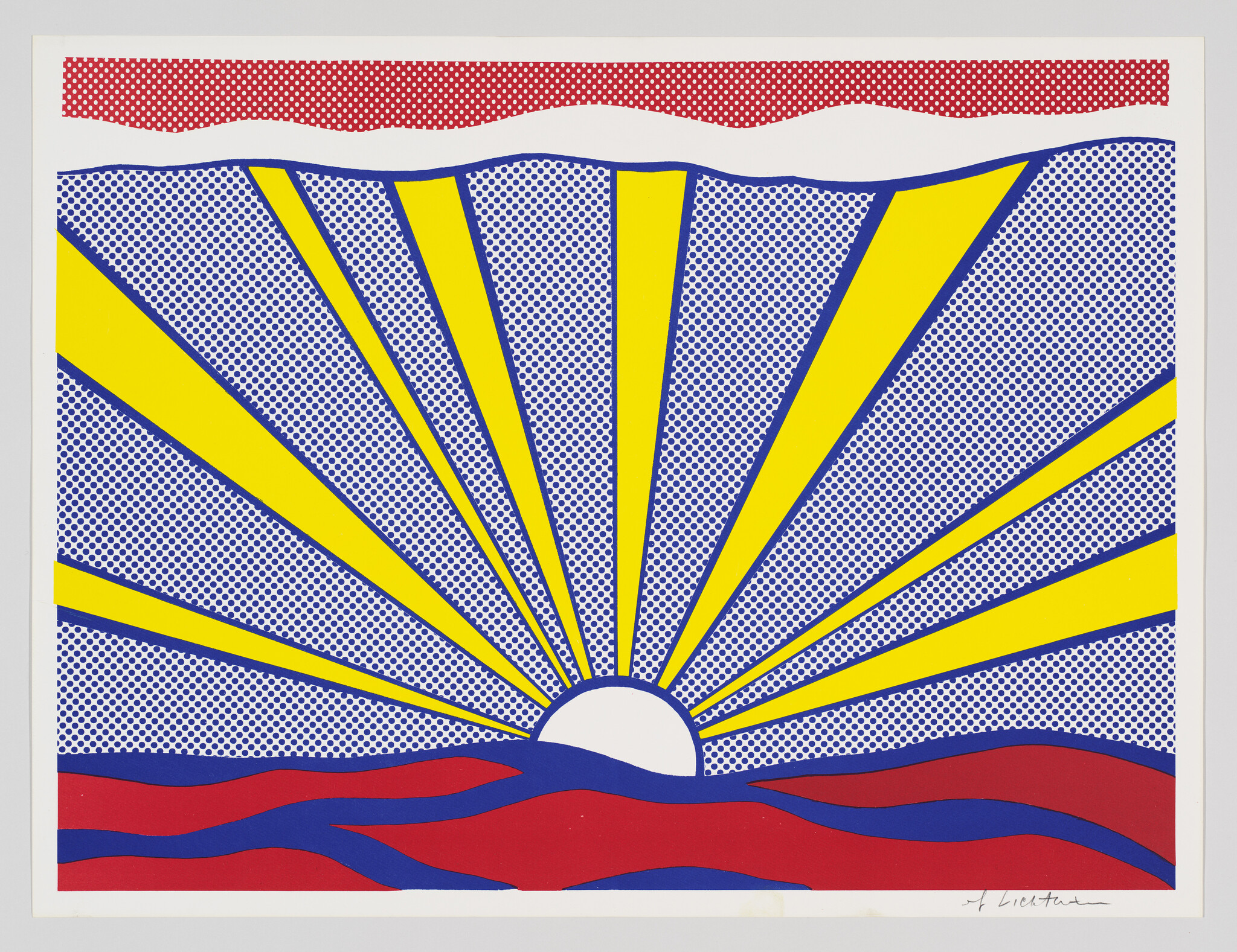 A stylized sun rises with bold yellow rays over blue dotted sky and red waves.