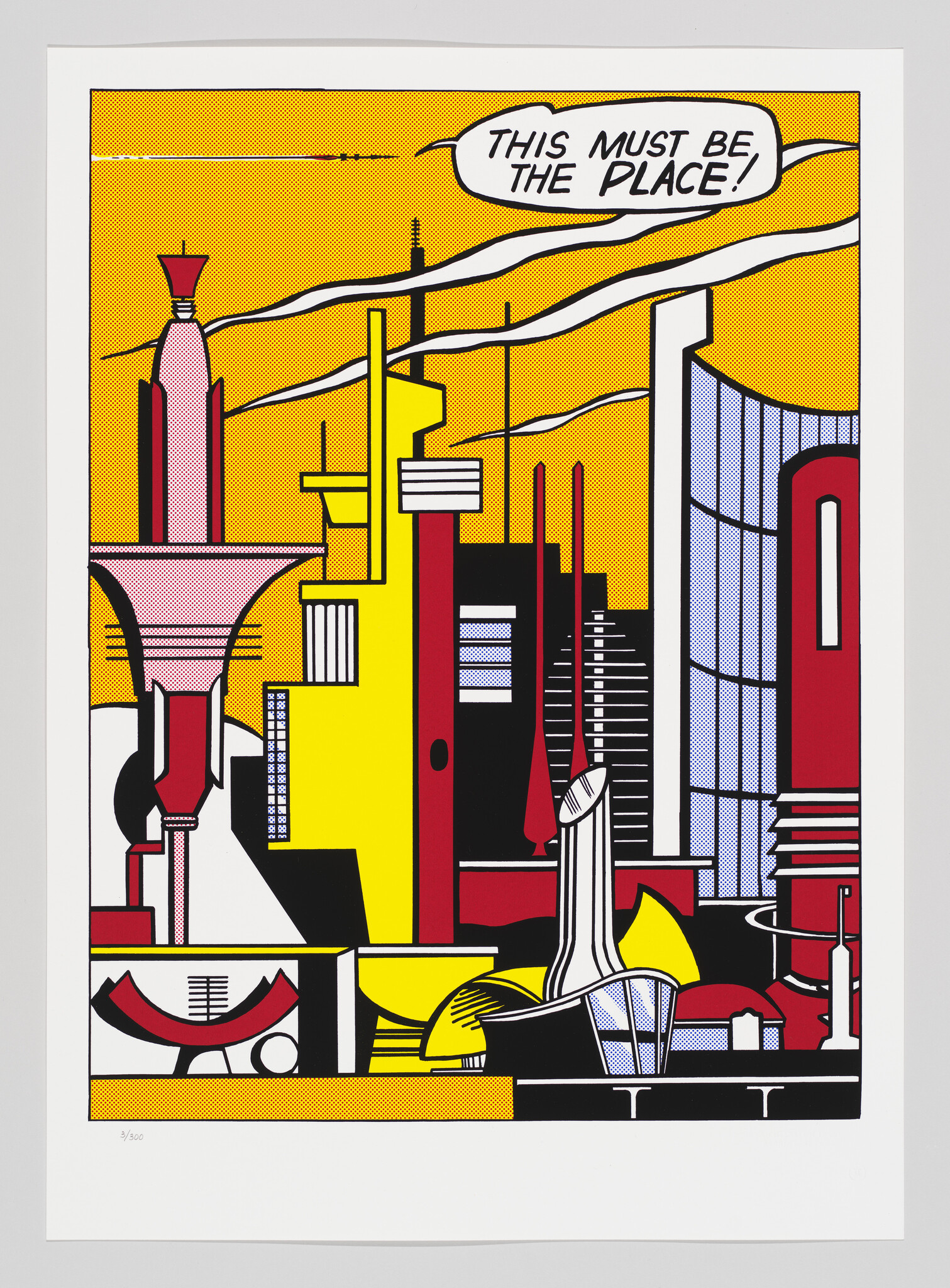 Colorful stylized city skyline with a speech bubble reading "This must be the place!".