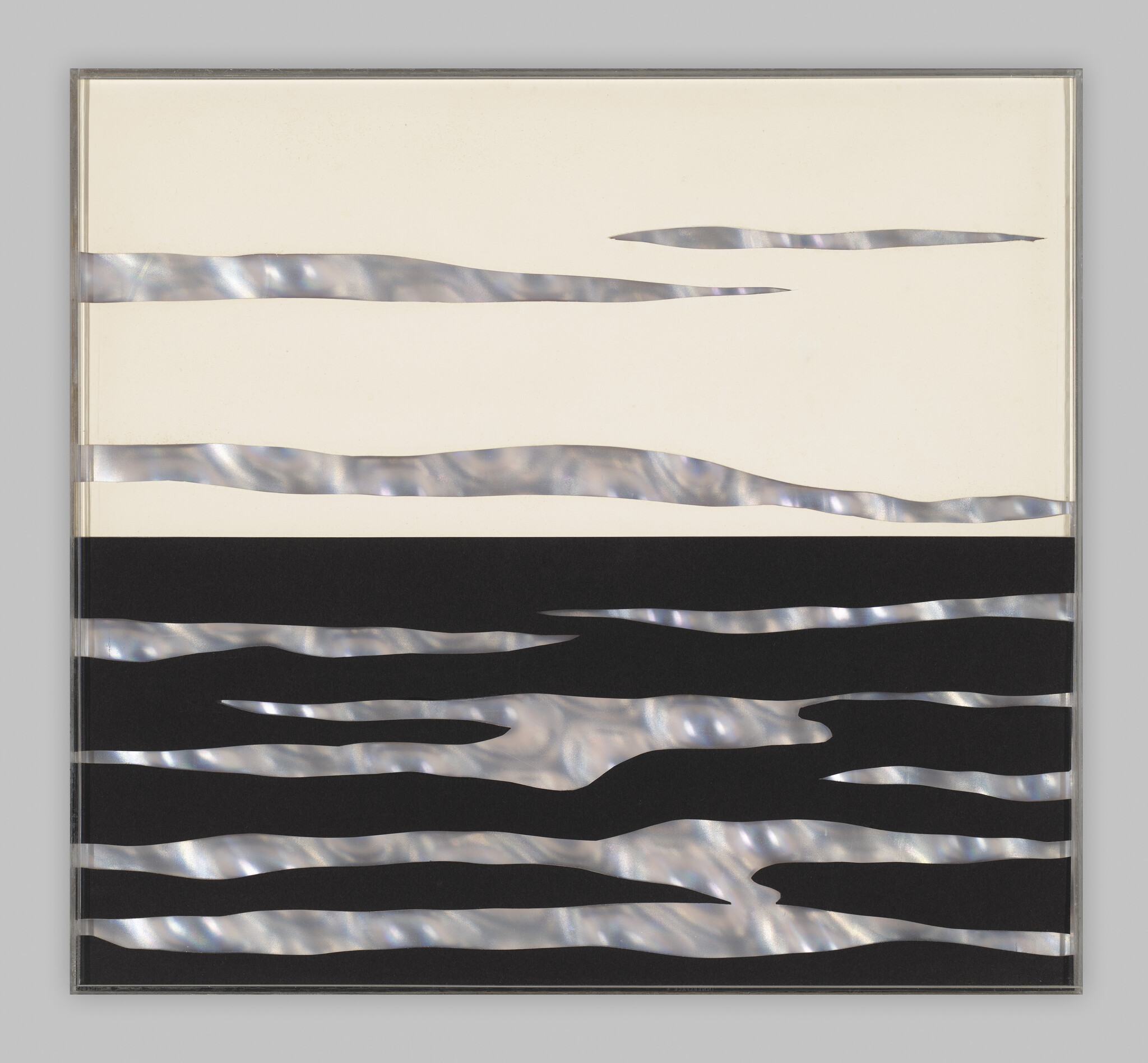Abstract artwork with alternating iridescent silver waves over black and white horizontal bands.