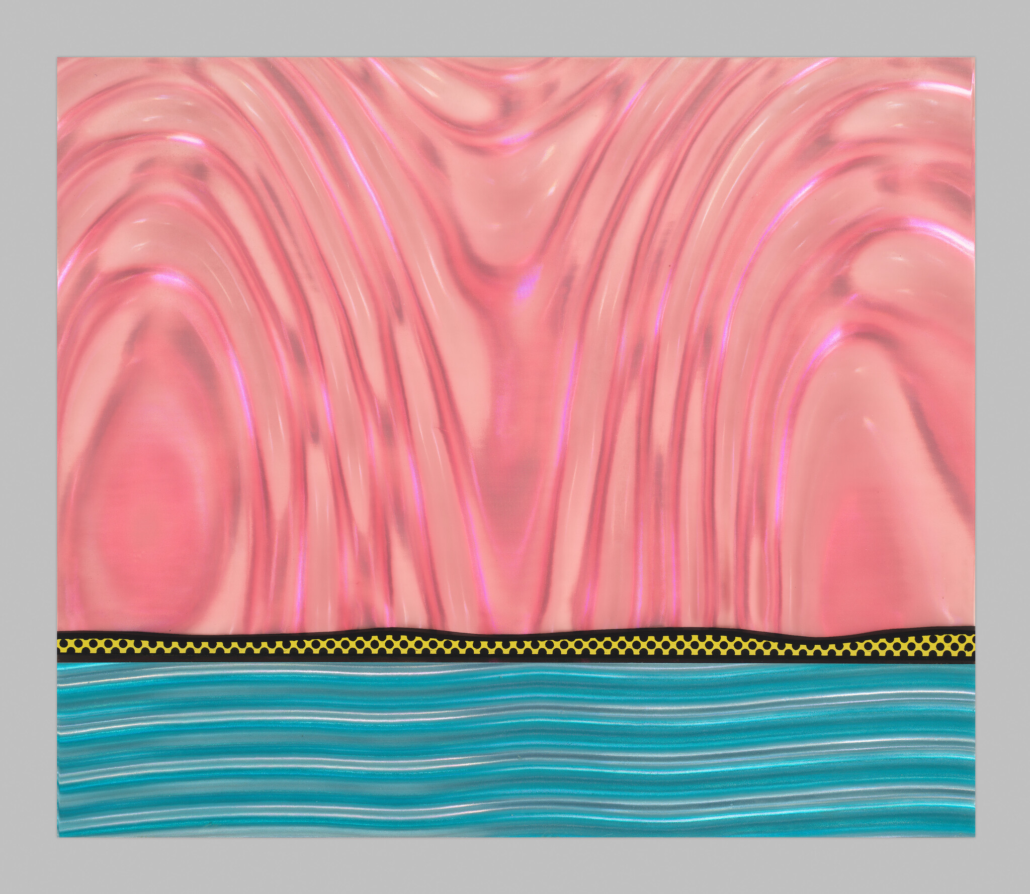 Abstract artwork with wavy pink patterns on the top three-quarters and a section of blue wavy lines at the bottom, separated by a thin yellow and black dotted line. The textures give a sense of fluid motion, and the colors are vibrant and glossy.