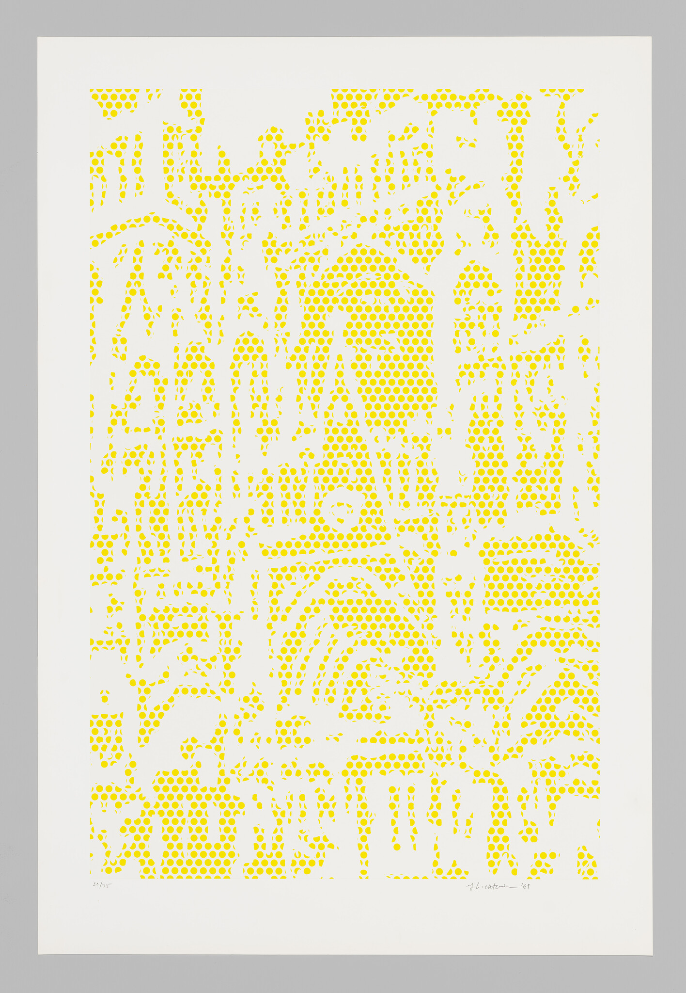 Yellow halftone dot pattern forms abstract shapes on a white rectangular print with gray border.