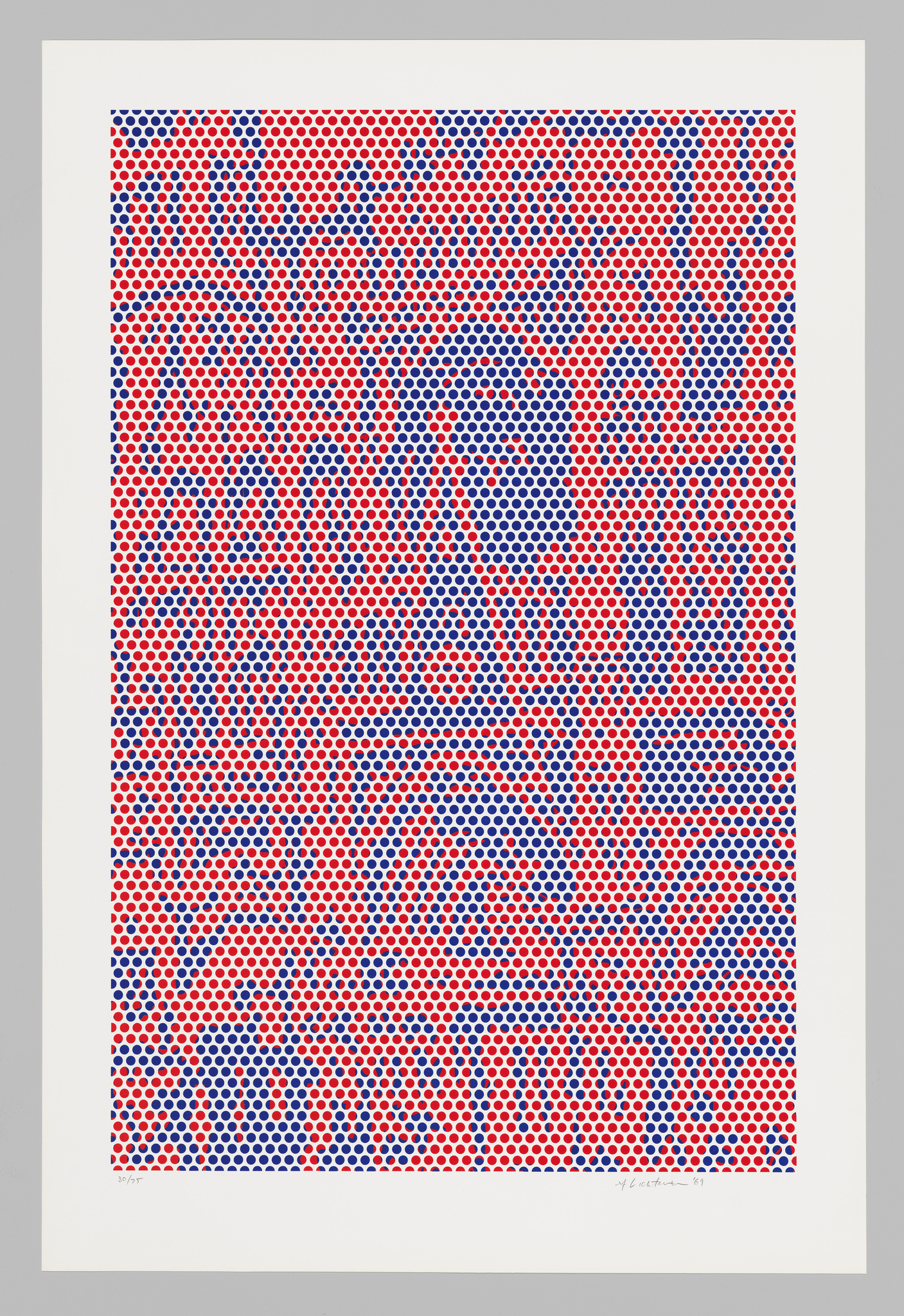 Abstract artwork with a pattern of red and blue dots on a white background, framed with a gray border.