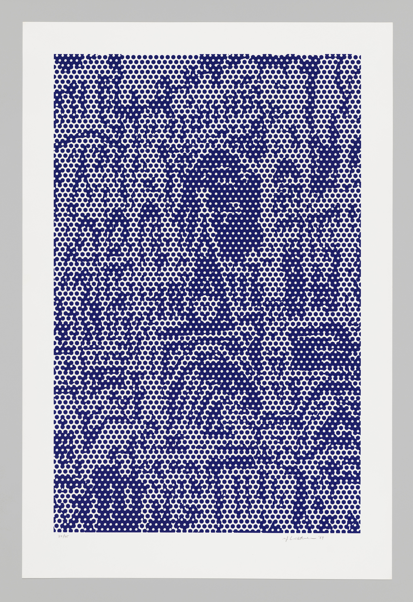 Abstract blue dot matrix pattern on white background, resembling digital noise or a stippling art technique.