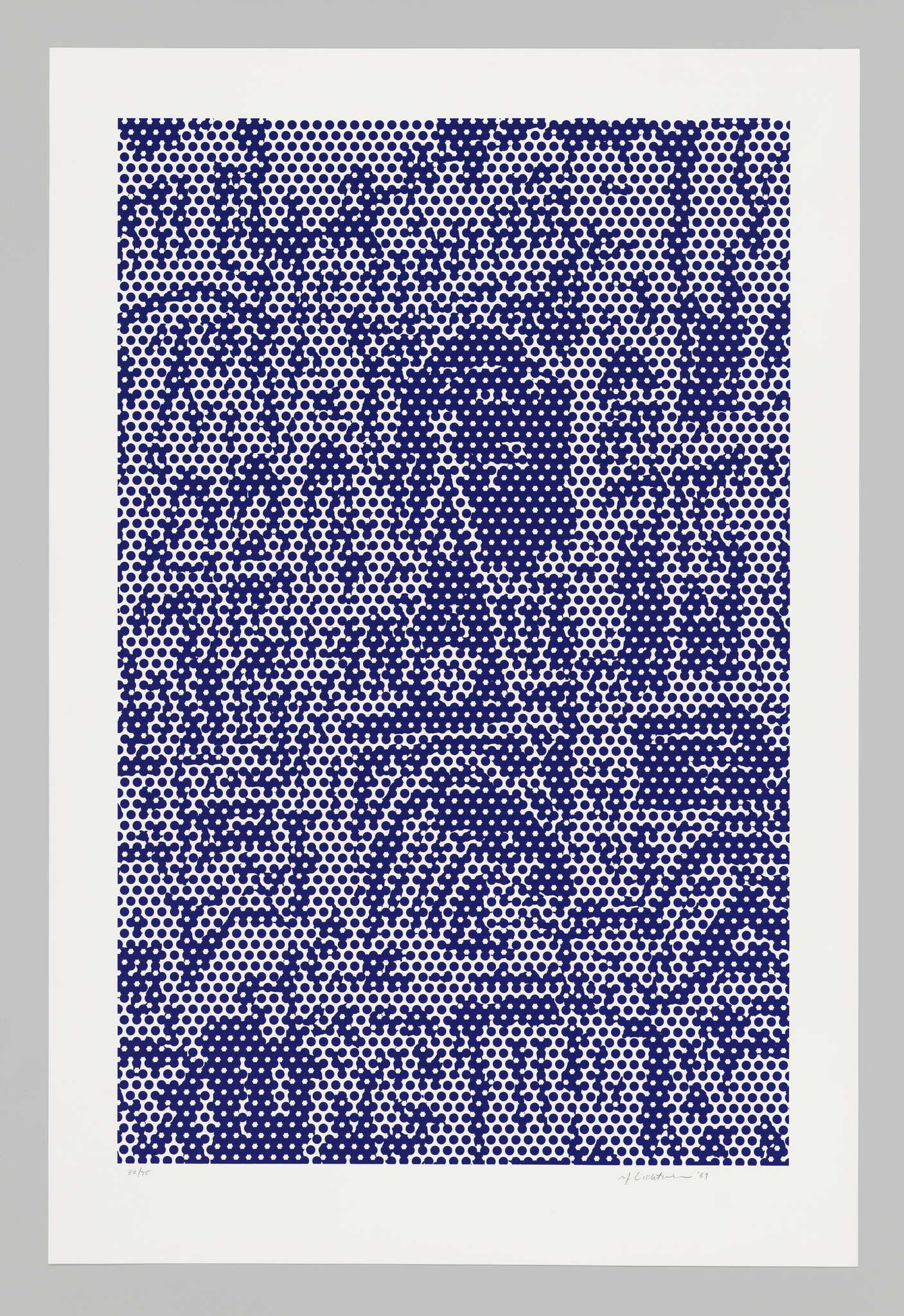 A dense blue halftone dot pattern forming an abstract portrait within a white border.
