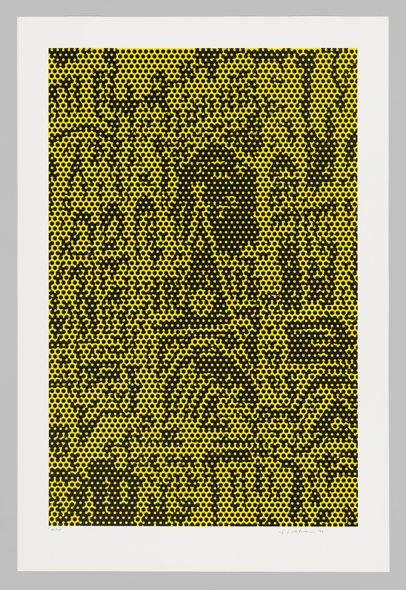 Abstract dot matrix-style portrait in yellow and black within a white frame.