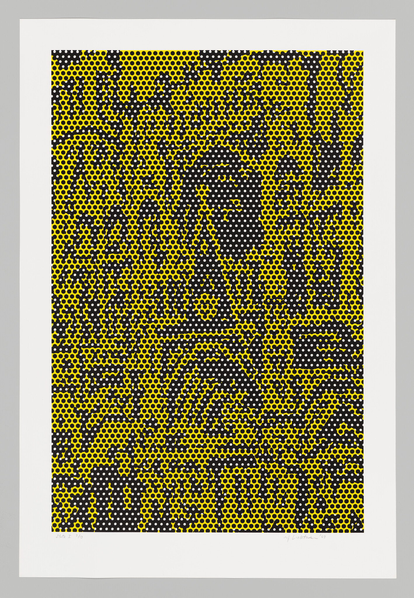 Yellow and black halftone dot pattern forming a hidden face and hands against a white border.