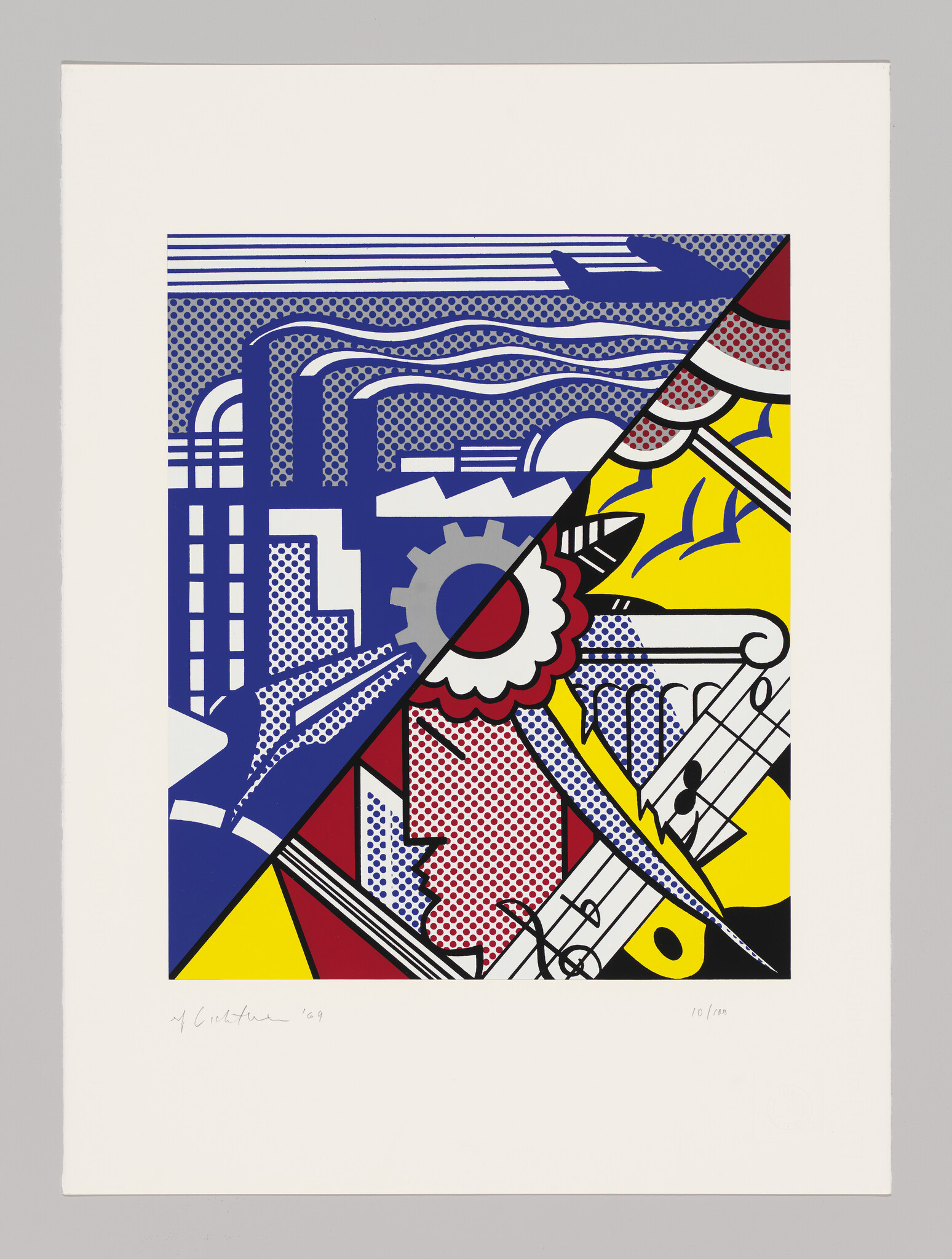 Diagonal pop-art composition showing industrial shapes on one side and musical motifs with a profile on the other.