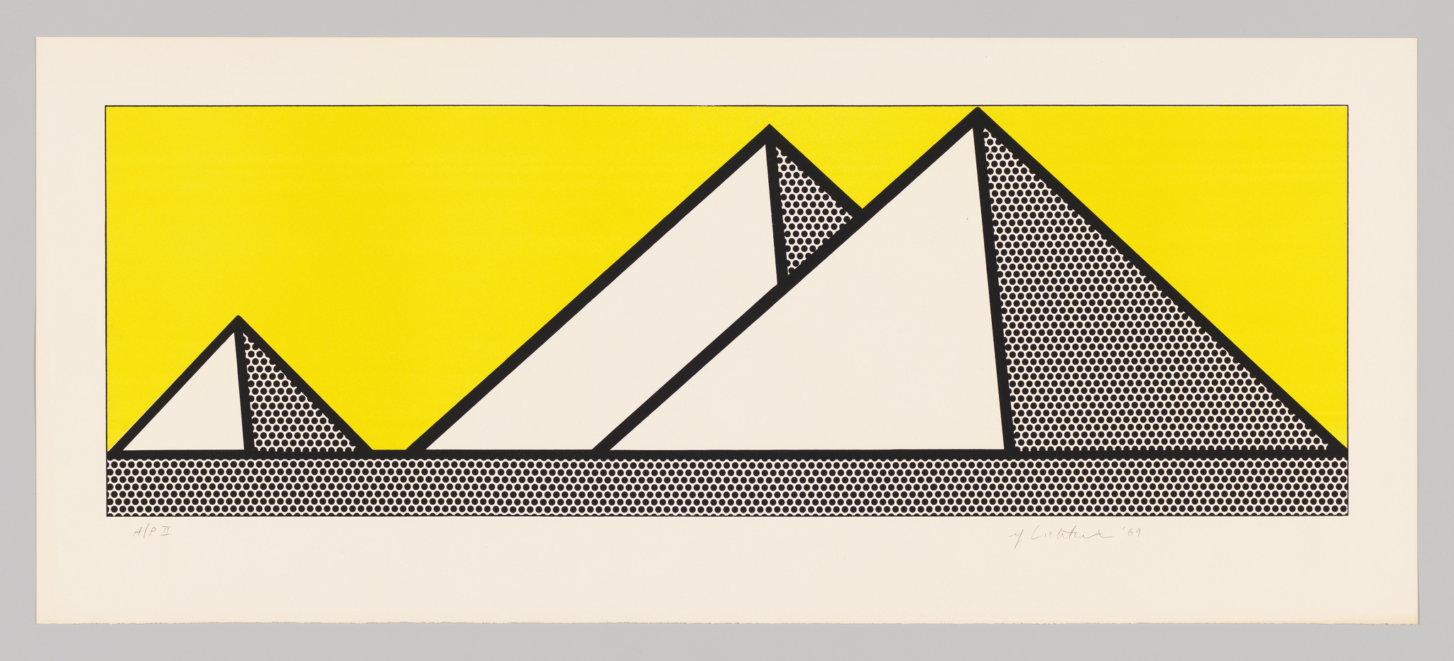 Graphic artwork featuring three stylized mountains with a pattern of black dots decreasing in size from the base to the peak against a vibrant yellow background, bordered by a white frame with the artist's signature at the bottom.